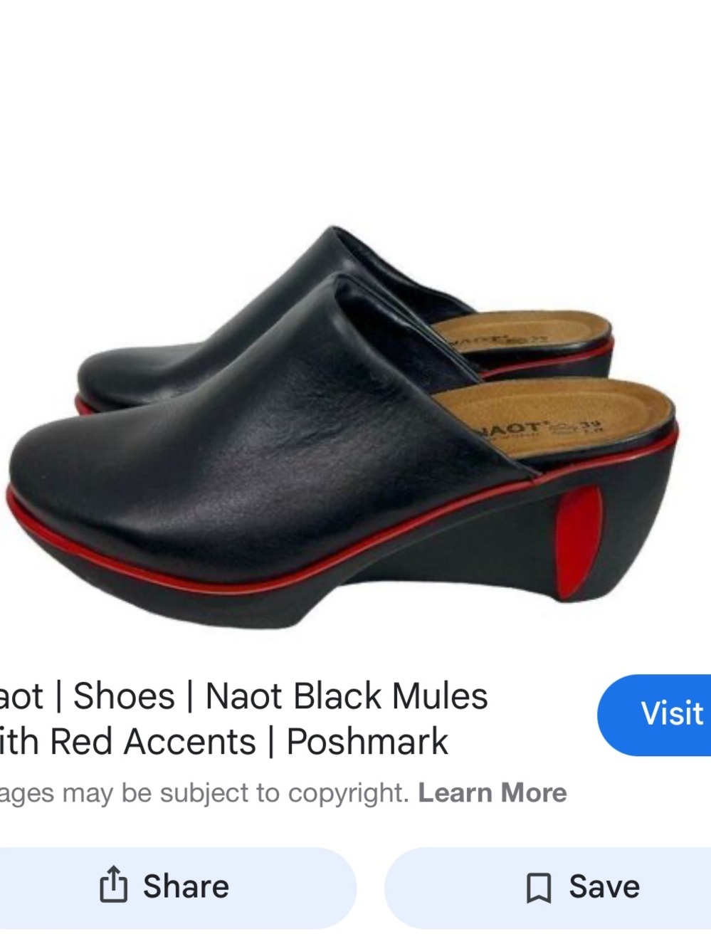 Naot 38 Black Leather Slip-On Mules with Red Sole Accent